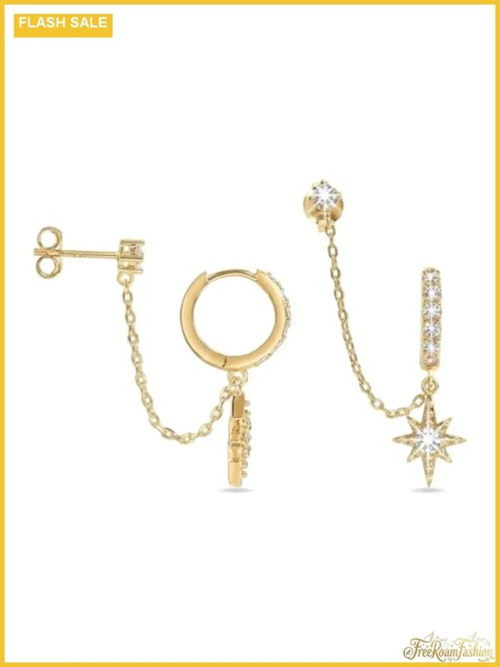 14K Gold Plated Double Piercing Chain Earrings Set